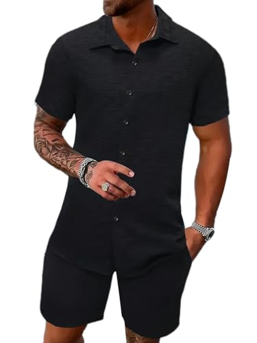 seiveini Freizeitanzug Herren Kurzarm Hemd mit Shorts 2 Teiliges Männer Leicht Atmungsaktiv Workout Set Sport Strand Sommer OutfitsC SchwarzS von seiveini