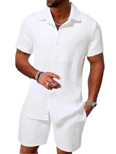 seiveini Freizeitanzug Herren Kurzarm Hemd mit Shorts 2 Teiliges Männer Leicht Atmungsaktiv Workout Set Sport Strand Sommer OutfitsC WeißM von seiveini