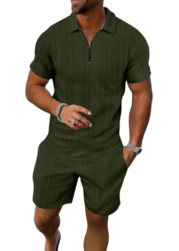seiveini Freizeitanzug Herren Sommer 2 Teiliges Kurzarm Sportanzug Männer Tracksuit Workout Set Einfarbig A Armeegrün M von seiveini