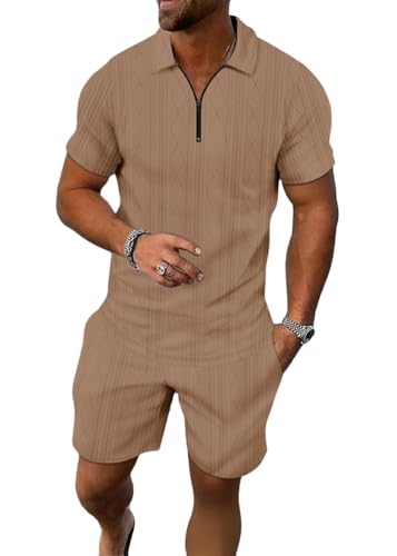 seiveini Freizeitanzug Herren Sommer 2 Teiliges Kurzarm Sportanzug Männer Tracksuit Workout Set Einfarbig A Khaki XXL von seiveini