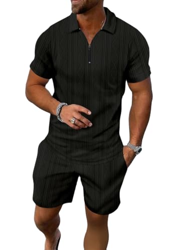 seiveini Freizeitanzug Herren Sommer 2 Teiliges Kurzarm Sportanzug Männer Tracksuit Workout Set Einfarbig A Schwarz XXL von seiveini