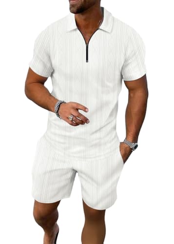 seiveini Freizeitanzug Herren Sommer 2 Teiliges Kurzarm Sportanzug Männer Tracksuit Workout Set Einfarbig A Weiß XXL von seiveini