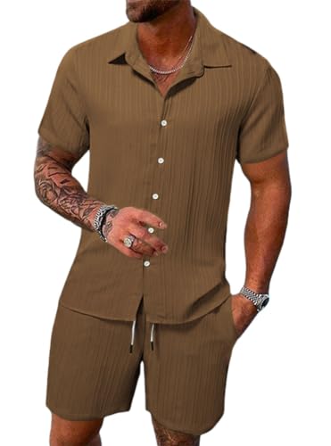 seiveini Freizeitanzug Herren Kurzarm Hemd mit Shorts 2 Teiliges Männer Leicht Atmungsaktiv Workout Set Sport Strand Sommer Outfits A Braun S von seiveini