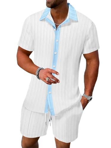 seiveini Freizeitanzug Herren Sommer Kurzarm Polo Anzug 2 Teiliges Männer Leicht Atmungsaktiv Workout Set Strand Outfit D Weiß L von seiveini