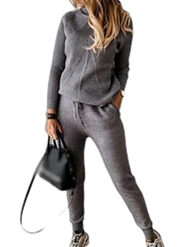 seiveini Gestrickter Hausanzug Damen Langarm Strickpullover und Schlaghose Sets 2-teiler Chic Strickanzug Hosenanzug Freizeitanzug Geradepants Outfit Kombiset Mode C Dunkelgrau 3XL von seiveini