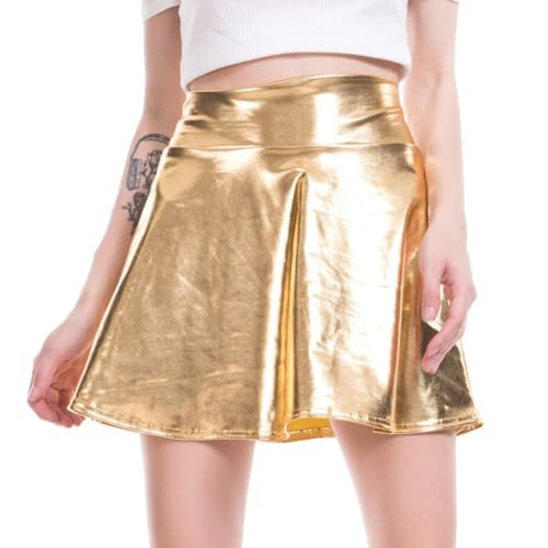 seiveini Glitzer Rock Damen Metallischer Faltenrock Mini Skater Rock Glänzend Minirock Hohe Taille Space Girl Kostüm Damen Mini Faltenrock Tanz Rock Kurz A-Linie Party Clubwear A Gold XS von seiveini