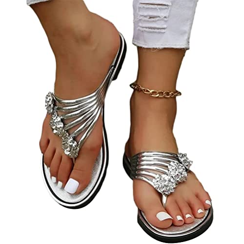 seiveini Glitzer Sandalen Damen Elegante Freizeit Hausschuhe Slippers Strandsandalen Slip On Flache Sandalen Damen Strass Boho Sandalen Frauen Weichen Sohlen Outdoorschuhe A Silber 36 EU von seiveini