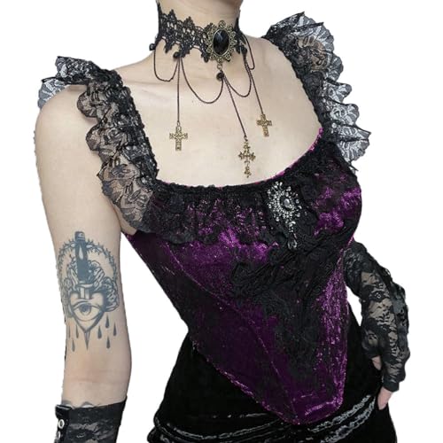 seiveini Goth Y2K Crop Top Damen Ärmellos Spitze Weste Damen Vintage E-Girls Tank Top Punk Gothic Mädchen Spitze Blusen V-Ausschnitt Rückenfreies Sexy Cami Top Outfit 11 Violett L von seiveini