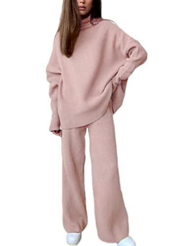 seiveini Hausanzug Damen Gestrickter Lounge Set Pullover Zweiteiler Elegant 2 Teiliges Langarm Freizeitanzug Tracksuit Herbst Winter Strickanzug A Rosa XL von seiveini
