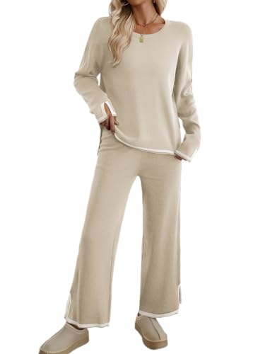 seiveini Hausanzug Damen Gestrickter Lounge Set Zweiteiler Elegant Freizeitanzug 2 Teiler Langarm Schlafanzug Tracksuit Herbst Winter A Aprikose XS von seiveini