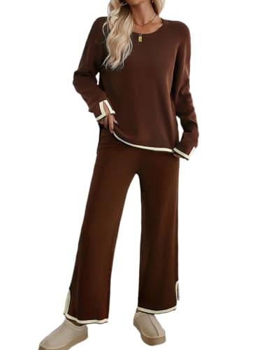 seiveini Hausanzug Damen Gestrickter Lounge Set Zweiteiler Elegant Freizeitanzug 2 Teiler Langarm Schlafanzug Tracksuit Herbst Winter A Braun L von seiveini