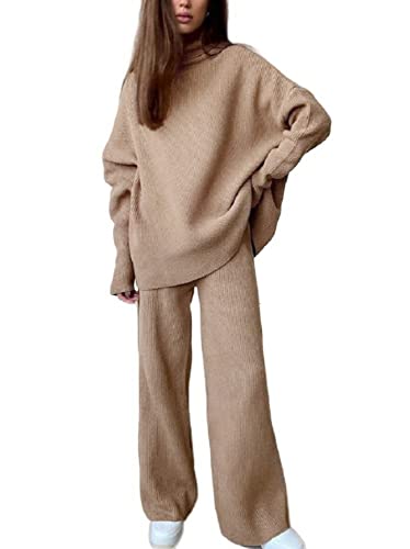 seiveini Hausanzug Damen Gestrickter Lounge Set Pullover Zweiteiler Elegant 2 Teiliges Langarm Freizeitanzug Tracksuit Herbst Winter Strickanzug A Khaki L von seiveini