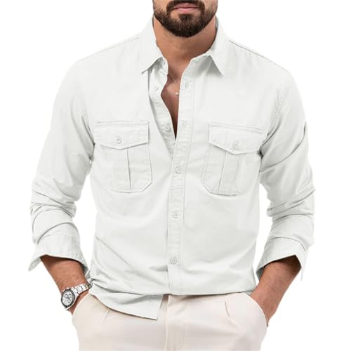 seiveini Hemd Herren Langarm Tactical Hemd Revers mit Knöpfen Funktionshemd Leicht Outdoor Hemden Cargo-Hemd Button Down Herren Freizeithemd für Wandern Trekking Urlaub A Weiß M von seiveini