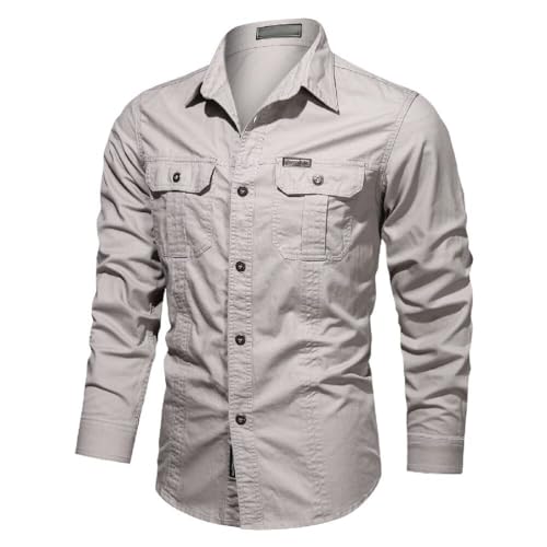 seiveini Hemd Herren Outdoor Langarm Tactical Shirt Vintage Sportshirt Wanderhemd Langarmhemd Atmungsaktiv Outdoorhemd mit Brusttasche und Knopfleiste A Aprikose L von seiveini