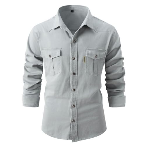 seiveini Outdoor Hemd Herren Langarm Safari Hemden Button Down Jagdhemd mit Knöpfen Tactical Shirt Freizeithemd für Wandern Trekking Angeln B Hellgrau 3XL von seiveini