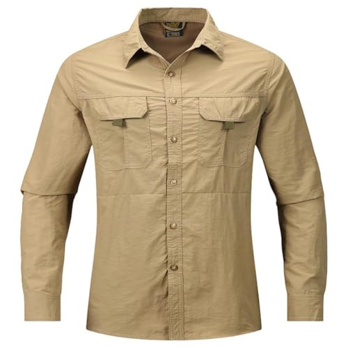seiveini Outdoor Hemd Herren Langarm Safari Hemden Button Down Jagdhemd mit Knöpfen Tactical Shirt Freizeithemd für Wandern Trekking Angeln D Khaki L von seiveini