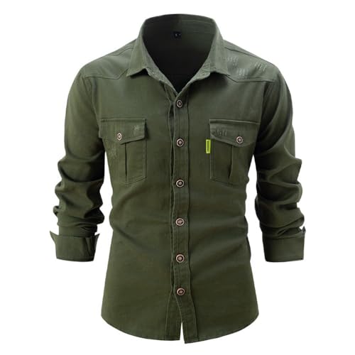 seiveini Hemd Herren Outdoor Langarm Tactical Shirt Vintage Sportshirt Wanderhemd Langarmhemd Atmungsaktiv Outdoorhemd mit Brusttasche und Knopfleiste B Armeegrün S von seiveini