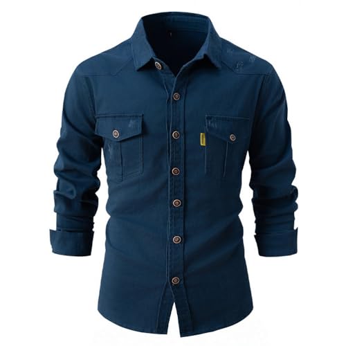 seiveini Hemd Herren Outdoor Langarm Tactical Shirt Vintage Sportshirt Wanderhemd Langarmhemd Atmungsaktiv Outdoorhemd mit Brusttasche und Knopfleiste B Dunkelblau S von seiveini
