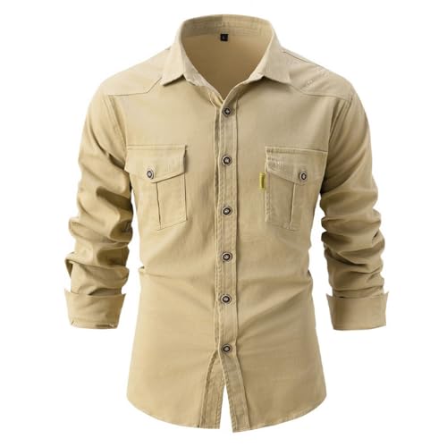seiveini Hemd Herren Outdoor Langarm Tactical Shirt Vintage Sportshirt Wanderhemd Langarmhemd Atmungsaktiv Outdoorhemd mit Brusttasche und Knopfleiste B Khaki L von seiveini