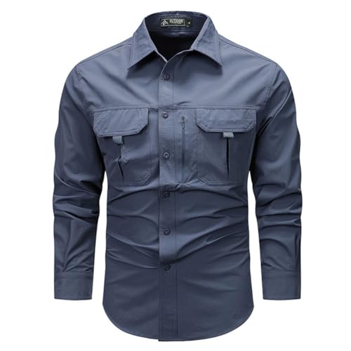 seiveini Hemd Herren Outdoor Langarm Tactical Shirt Vintage Sportshirt Wanderhemd Langarmhemd Atmungsaktiv Outdoorhemd mit Brusttasche und Knopfleiste C Blau 3XL von seiveini
