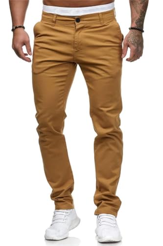 seiveini Herren Chino Hose Stretch Herren Cargohose Casual Freizeithose Skinny Slim Fit Arbeitshose Lange Anzughose mit Taschen Business Hose Große Größe Stoffhose A Gelb L von seiveini