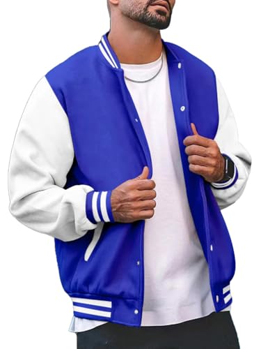 seiveini Herren College Jacke mit Knöpfe und Taschen Baseballjacke Unisex Sportjacke Oldschool Stehkragen Sweatjacke Urban Damen Herren Athletic Baseball Jacke Herbst Winter A Blau XL von seiveini