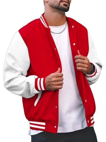 seiveini Herren College Jacke mit Knöpfe und Taschen Baseballjacke Unisex Sportjacke Oldschool Stehkragen Sweatjacke Urban Damen Herren Athletic Baseball Jacke Herbst Winter A Rot S von seiveini