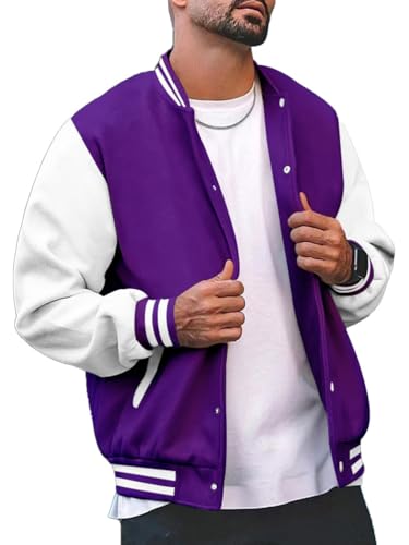seiveini Herren College Jacke mit Knöpfe und Taschen Baseballjacke Unisex Sportjacke Oldschool Stehkragen Sweatjacke Urban Damen Herren Athletic Baseball Jacke Herbst Winter A Violett XL von seiveini