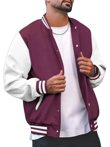 seiveini Herren College Jacke mit Knöpfe und Taschen Baseballjacke Unisex Sportjacke Oldschool Stehkragen Sweatjacke Urban Damen Herren Athletic Baseball Jacke Herbst Winter A Weinrot S von seiveini