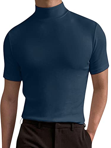 seiveini Herren Hemd mit Rollkragen Basic T-Shirt Herren Kurzarm Shirt Rollkragen Bluse Basic Einfarbig Unterhemd Herren Slim Fit T-Shirt Sommer Oberteil Männer Streetwear A Blau XL von seiveini