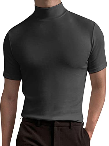 seiveini Herren Rollkragen T-Shirt Kurzarm Basic Top Unterhemd Sommer Oberteil Männer Slim Fit Einfarbig Streetwear A Grau XL von seiveini