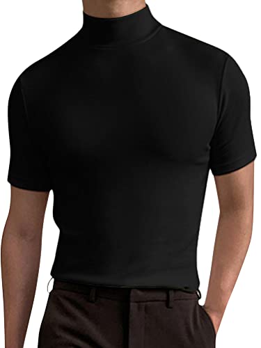 seiveini Herren Rollkragen T-Shirt Kurzarm Basic Top Unterhemd Sommer Oberteil Männer Slim Fit Einfarbig Streetwear A Schwarz 3XL von seiveini