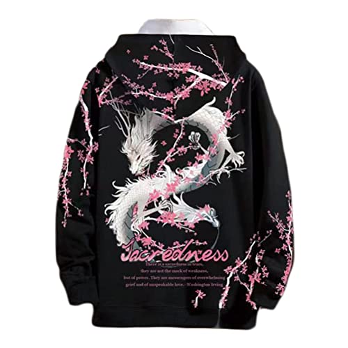 seiveini Herren Hip Hop Hoodie Streetwear Chinesischer Druck Jumper Langarm Kapuzenpullover mit Tasche Mode Beiläufig Oversized Hoodie Sweatshirt Kapuzenpulli E Schwarz Fleece M von seiveini