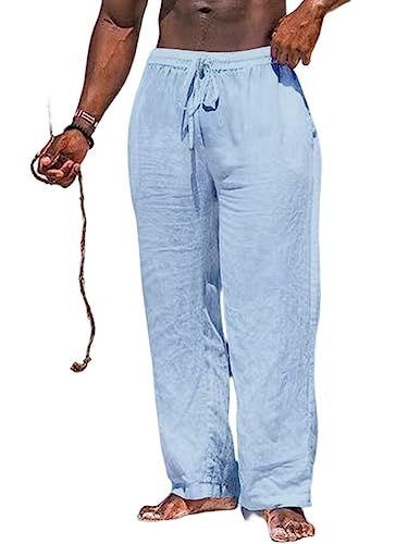 seiveini Herren Hose Baumwolle Leinen Hosen Elastische Taille Strand Hosen Haremshose Yogahose Freizeit Hose Herren Sommerhose aus Baumwollmischung Casual B Marine XL F Blau 3XL von seiveini