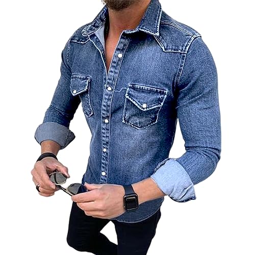 seiveini Herren Jeansjacke Slim Fit mit Knopfleiste Denim Übergangsjacke Langarm Casual Jean Mantel mit Pattentasche Jeansjacken Lässige Basic Outwear Freizeitjacke Vintage Classic A Dunkelblau 3XL von seiveini