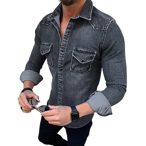 seiveini Herren Jeansjacke Slim Fit mit Knopfleiste Denim Übergangsjacke Langarm Casual Jean Mantel mit Pattentasche Jeansjacken Lässige Basic Outwear Freizeitjacke Vintage Classic A Schwarz XXL von seiveini