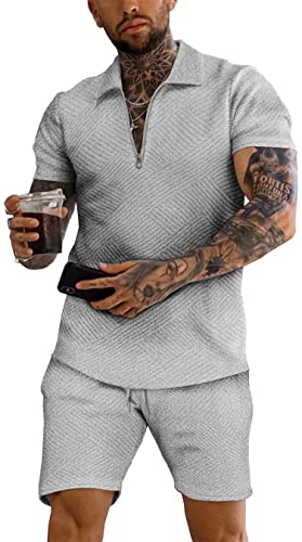 seiveini Herren Jogginganzug 2 Teiliges Sommer Sportanzug Kurzarm Outfit Sport Set Polo mit Reißverschluss + Kurze Hose Trainingsanzüge Kurze Freizeitanzug Leicht Atmungsaktiv A Grau M von seiveini