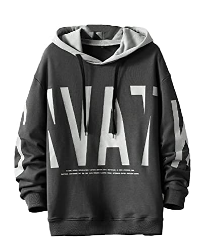 seiveini Herren Kapuzenpullover Hip Hop Streetwear Urban Hoodie Techwear Sweatshirt mit Buchstabe Grafik Druck Farbe Blockierung Kapuzenpullover Oversized Damen Mode I Grau 4XL von seiveini
