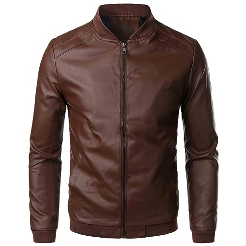 seiveini Herren Lederjacke Motorrad Zip Up Übergangsjacke Männer Bikerjacke Freizeitjacke Gesteppt Jacke Kurz Winter Parka Ledermantel mit Reißverschluss Vintage Slim Fit A Braun S von seiveini