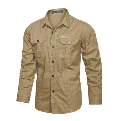 seiveini Hemd Herren Outdoor Langarm Tactical Shirt Vintage Sportshirt Wanderhemd Langarmhemd Atmungsaktiv Outdoorhemd mit Brusttasche und Knopfleiste A Khaki L von seiveini