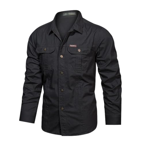 seiveini Hemd Herren Outdoor Langarm Tactical Shirt Vintage Sportshirt Wanderhemd Langarmhemd Atmungsaktiv Outdoorhemd mit Brusttasche und Knopfleiste A Schwarz XXL von seiveini