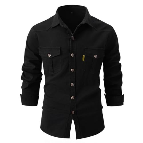 seiveini Outdoor Hemd Herren Langarm Safari Hemden Button Down Jagdhemd mit Knöpfen Tactical Shirt Freizeithemd für Wandern Trekking Angeln B Schwarz M von seiveini