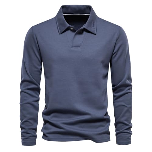 seiveini Herren Poloshirt Langarmshirt V-Ausschnitt Sweatshirt mit Polokragen Polo-Pullover mit Knopf Sportlich Polohemd Herren Langarm Basic Top B Blau L von seiveini