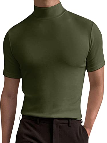 seiveini Herren Stehkragenshirt Kurzarm Unterhemd Slim Fit Männer T-Shirt Kurzarm Rollkragen Basic Tops Einfarbig Underwear Herren Stehkragen Shirt Männlich Bluse Casual A Grün L von seiveini