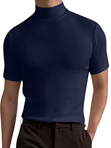 seiveini Herren Stehkragenshirt Kurzarm Unterhemd Slim Fit Männer T-Shirt Kurzarm Rollkragen Basic Tops Einfarbig Underwear Herren Stehkragen Shirt Männlich Bluse Casual A Marine S von seiveini