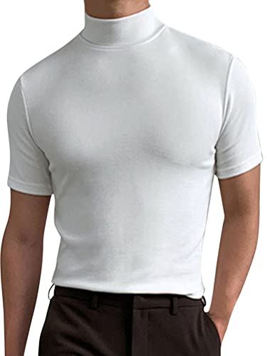 seiveini Herren Stehkragenshirt Kurzarm Unterhemd Slim Fit Männer T-Shirt Kurzarm Rollkragen Basic Tops Einfarbig Underwear Herren Stehkragen Shirt Männlich Bluse Casual A Weiß S von seiveini