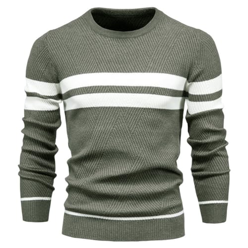 seiveini Herren Strickpullover Langarm Rundhals Gestreift Pullover Stretch Feinstrickpullover Männer Baumwolle Sweater Feinstrick Pulli Herbst Winter Freizeitpullover Winterpullover A Armeegrün L von seiveini