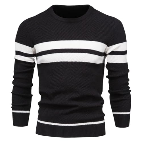 seiveini Herren Strickpullover Langarm Rundhals Gestreift Pullover Stretch Feinstrickpullover Männer Baumwolle Sweater Feinstrick Pulli Herbst Winter Freizeitpullover Winterpullover A Schwarz L von seiveini