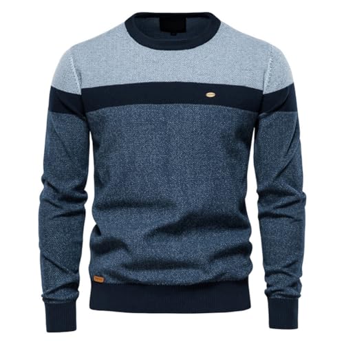 seiveini Herren Strickpullover Langarm Rundhals Gestreift Pullover Stretch Feinstrickpullover Männer Baumwolle Sweater Feinstrick Pulli Herbst Winter Freizeitpullover Winterpullover B Blau XL von seiveini