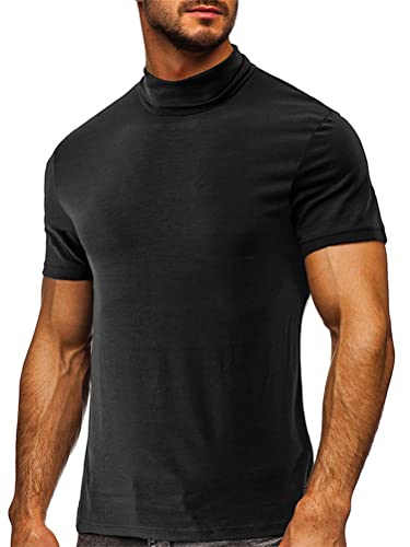seiveini Herren T-Shirt mit Stehkragen Kurzarm Hemd Sommer Tops Pullover Rollkragen Unterhemd Regular Fit Einfarbig Basic Top B Schwarz XXL von seiveini